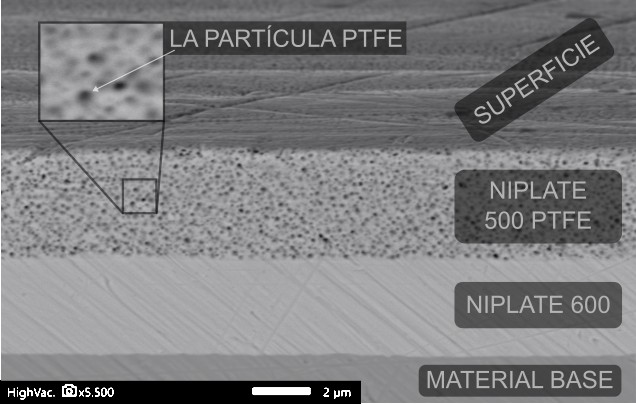 Micrografía SEM en sección del recubrimiento NIPLATE 500 PTFE